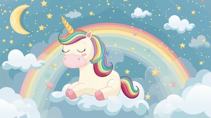An illustration of a unicorn on a rainbow in the clouds, surrounded by stars and clouds. A cute character for children's design, postcards, and other uses.