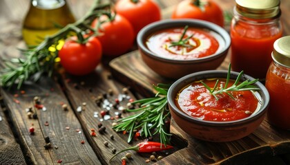 Wall Mural - Tomato and red pepper soup with olive oil rosemary smoked paprika on a wooden surface
