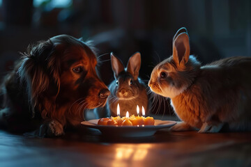 A dog and two rabbits are gathered around a plate of food with candles on it