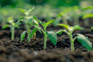 Tomato seedlings growing in greenhouse soil signify farming and gardening with new sprouts in early spring