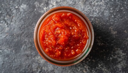 Wall Mural - Tomato sauce in a jar viewed from above on a grey background