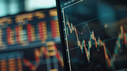 Poster - Close-up of a computer screen displaying a candlestick chart with gold price movements and technical indicators, representing trading analysis.