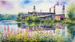 Old factory near the pond surrounded by flowers blossom, watercolor painting style, generative AI.