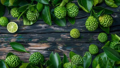 Wall Mural - Top view of Bergamot with green leaves on wooden backdrop