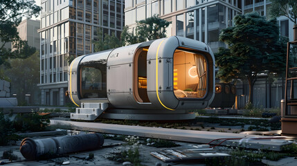 Wall Mural - a futuristic portable house with sleek design elements, placed in an urban environment