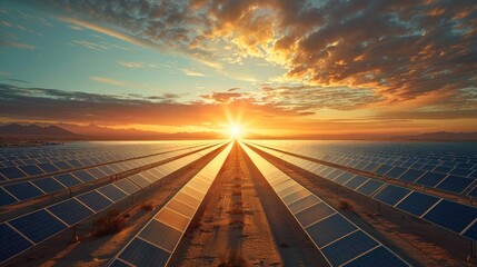 A vast solar farm stretching across the desert, with rows of solar panels reflecting sunlight