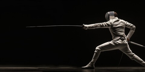 An athlete dressed in traditional white fencing attire poses with an epee, showcasing the skillful art of swordsmanship in a dark setting