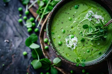 Wall Mural - Top view of summer pea soup with fresh pea shoots