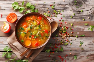 Poster - Top view of table with closeup vegetable and mungbean soup