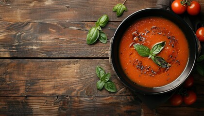 Wall Mural - Top view of tomato soup in a black bowl on wooden background with copy space