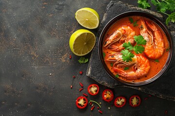 Wall Mural - Top view of traditional Thai Tom Yum Kung soup with shrimp and copy space