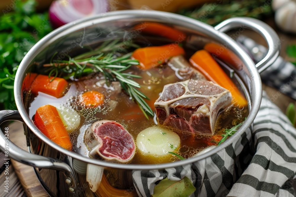 Traditional beef broth with vegetables and bones simmering in a pot ...