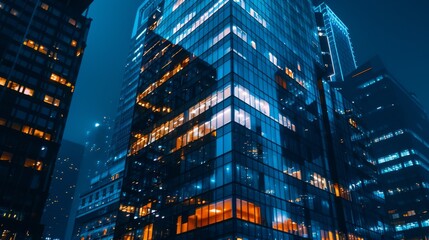 Aufkleber - Close-up of a modern skyscraper illuminated against the night sky, symbolizing the city's vibrant nightlife and cosmopolitan allure.