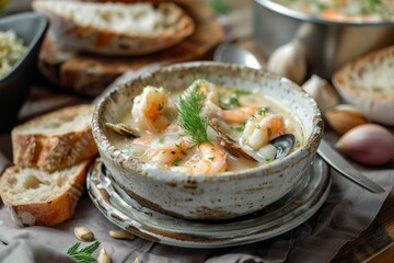 Wall Mural - Traditional seafood chowder with soda bread slices