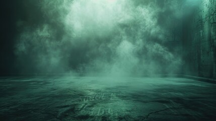 Mystical green smoke on a dark concrete floor. Abstract background concept for