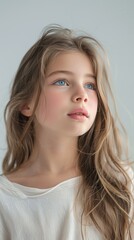 Wall Mural - portrait of a beautiful young caucasian white American model teen girl looking forward. child ad with copy space, children, beauty, pretty