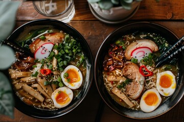 Wall Mural - Two bowls of ramen soup with pork mushrooms egg and vegetables