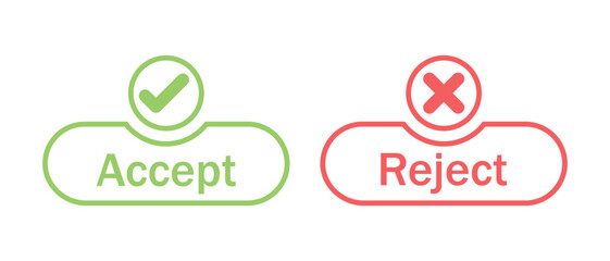Aufkleber - Accept and reject button icon with tick and cross symbol in green and red color stroke style. Right and wrong buttons symbols. Check box icon with right and wrong sign. Vector