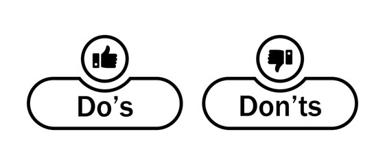 Aufkleber - Do's and don'ts button icon with like and dislike symbol in black color stroke style. Do's and Don'ts buttons with thumbs up and thumbs down symbols. Check box icon with thumbs up and down sign.