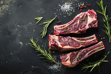 Wall Mural - Two dry aged beef rib steaks with rosemary pepper and salt on dark background