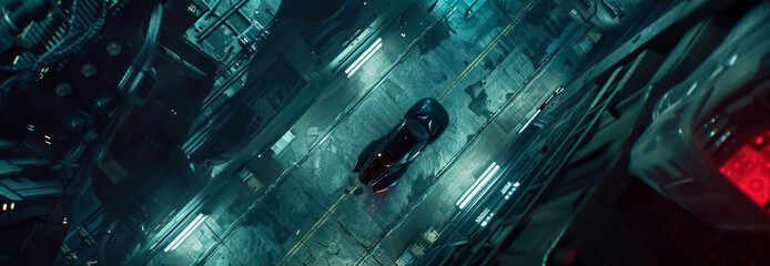 A dark and mysterious vehicle speeds through a futuristic cityscape