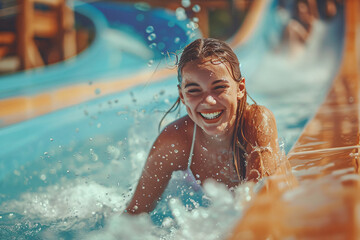 Attractive woman rides down a blue slide in water park