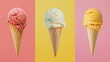 Colorful ice cream scoops in waffle cones on colorful background