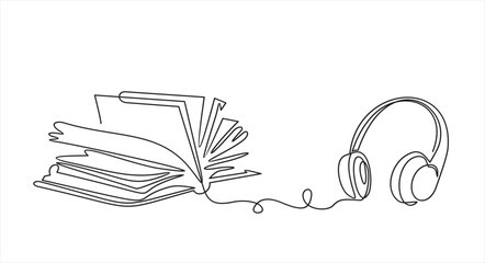 Wall Mural - Book with headphones continuous line drawing. Audio reading linear concept. Audiobook symbol. Vector illustration isolated on white.