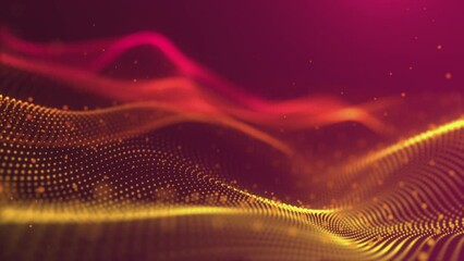 Wall Mural - Abstract animation of a golden wave of glowing particles on a red background. Organized particles moving smoothly. Minimalistic technological background. Looped animation 4k 60 fps