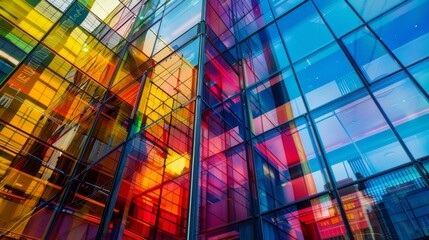 Aufkleber - Close-up of a sleek glass facade of a high-rise building, reflecting the vibrant colors and activity of the bustling city center.