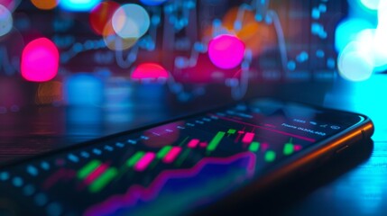 Poster - Close-up of a stock market trading app on a mobile device, with colorful graphs and charts depicting market volatility and price movements.