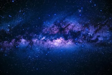 Panoramic abstract of a starry sky, digitally enhanced to create a nebulalike effect with deep blues and purples, designed with copy space in mind