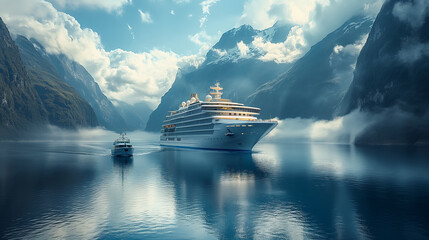 Wall Mural - Huge luxury cruise ship sailes around norwegian fjords.