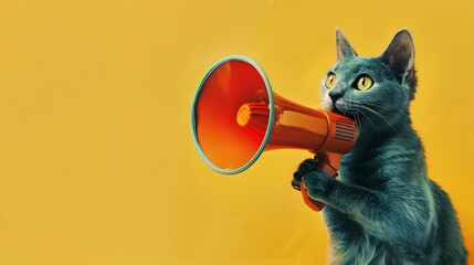 Surreal Russian Blue Cat Announcing Message Through Megaphone on Minimalist Yellow Background