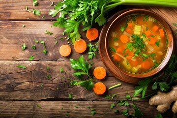 Wall Mural - Vegan vegetable soup with carrot celery ginger and parsley on wooden table top view selected focus