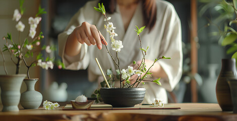 Woman making ikebana at table in room, closeup