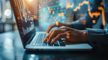 Aufkleber - Hands typing on a laptop keyboard with financial charts on the screen, highlighting digital technology and data-driven decision-making in business.