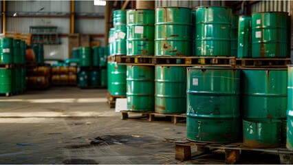 green metal oil drum on wooden pallets in warehouse or storage room, stack of green steel barrels for fuel. Dryrot Themes 