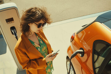 Wall Mural - A fashionable woman in a vibrant orange coat uses her phone while charging her electric car at a modern charging station.