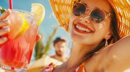 Poster - Traveler in summer beachwear at a lively beach party, close-up, colorful cocktail in hand, sunny, bright colors 