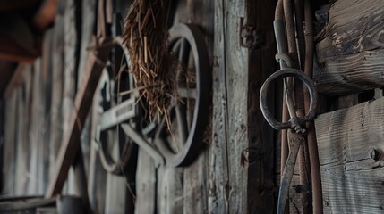 Wall Mural - Traveler exploring a rustic barn, close-up on weathered wooden textures and old tools, authentic farm life 