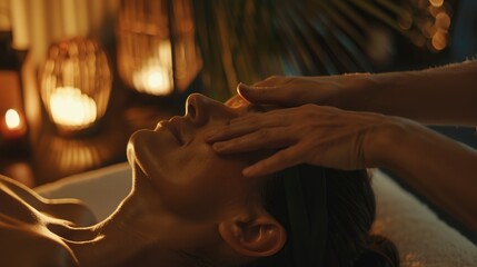 Poster - Traveler enjoying a head massage, close-up on therapistâ€™s hands working, tranquil room with soft lighting 