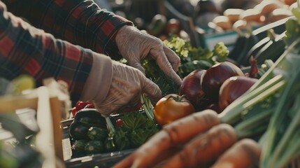 Sticker - Solo traveler at a farmerâ€™s market, close-up on hands selecting fresh organic vegetables, local farming scene 