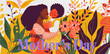 Happy Mother's Day poster. illustration captures a tender moment between a mother and her child, set against a backdrop of vibrant, floral designs. Warm colors,  loving bond and joy of motherhood.