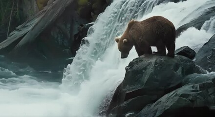 a bear on a rock near a waterfall (mov) made with ai generative technology