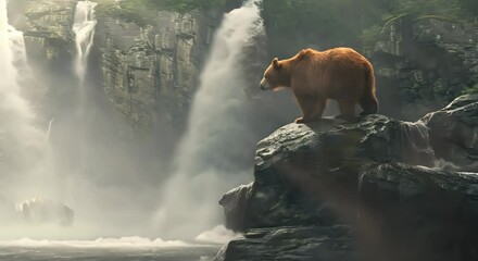 a bear on a rock near a waterfall (mov) made with ai generative technology