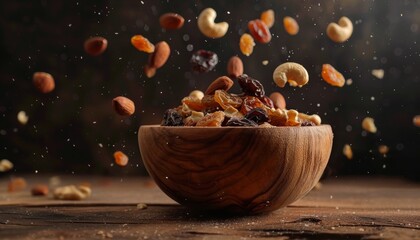 Wall Mural - Assorted dried fruits and nuts in a wooden bowl