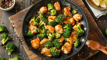 Wall Mural - A close-up of stir-fried chicken and broccoli in a pan, highlighting the textures and vibrant colors.