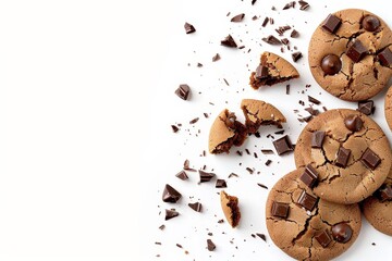 Poster - Broken chocolate cookies isolated on white background with full depth of field Top view with copy space Flat lay