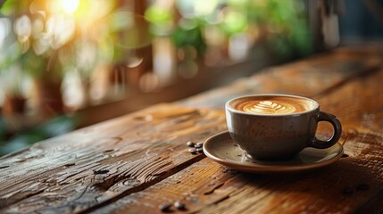 Wall Mural - A Cup of Coffee on Wooden Table